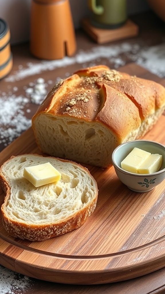 Homemade Sourdough Bread Recipe A golden crusted loaf of sourdough bread sliced on a cutting board with butter.